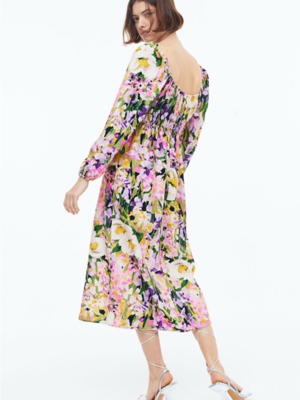 H&M Floral Smocked Midi Peasant Dress size Xl nwt